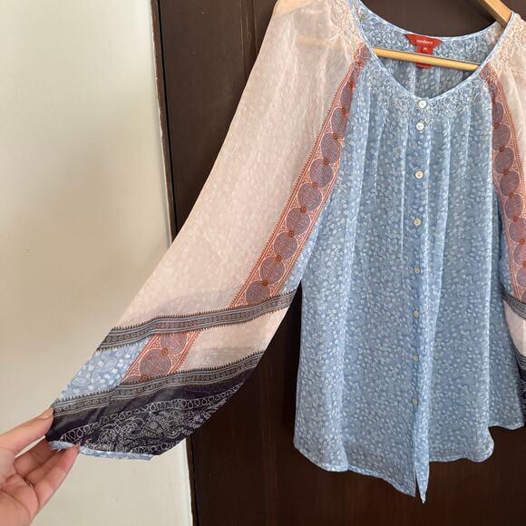 SUNDANCE Blue & pink 100% Silk Boho Mixed Print Chiffon Blouson Blouse Medium - Picture 2 of 9